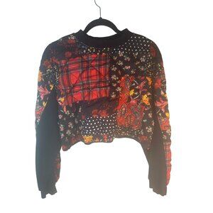 ZARA Patchwork Small Cropped Sweatshirt Black Floral Polka Dot & Plaid